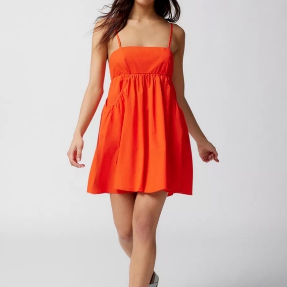 Urban Outfitters Theodora Mini Dress Poplin Cotton Orange Adjustable Tie Back - Picture 1 of 11